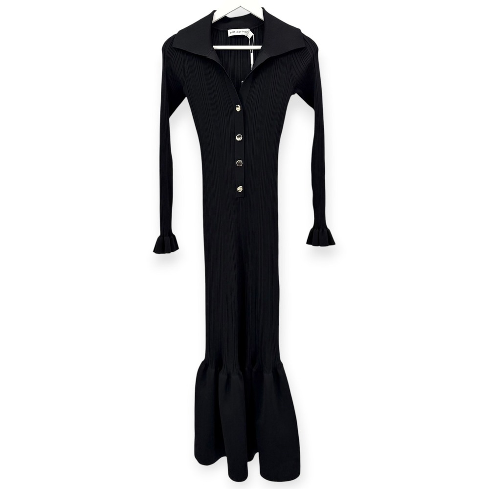 NWT Self-Portrait Black Ribbed Knit Fluted Midi Dress $555‎ - Size Small - Picture 6 of 16